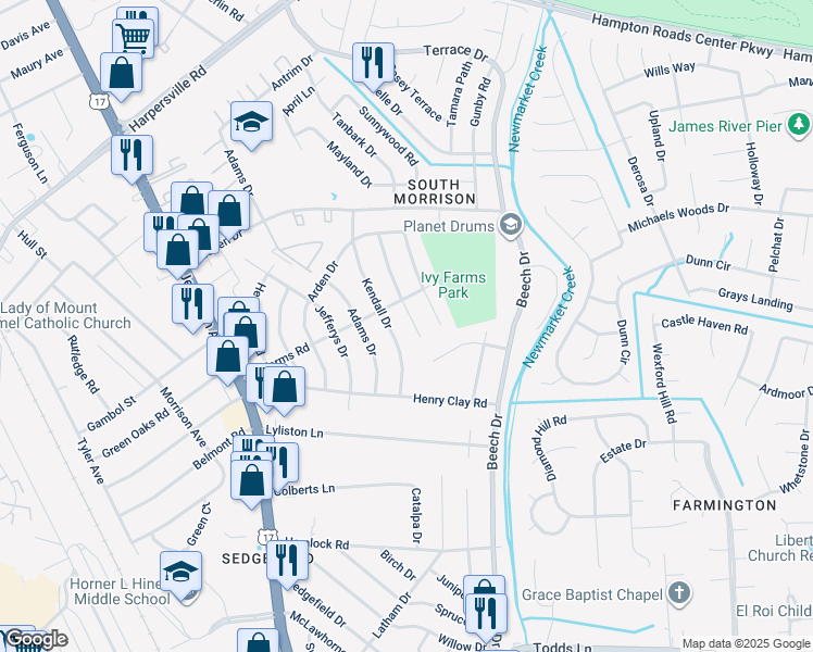map of restaurants, bars, coffee shops, grocery stores, and more near 106 Basswood Drive in Newport News