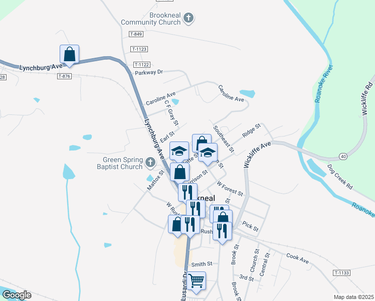 map of restaurants, bars, coffee shops, grocery stores, and more near 298 West Forest Street in Brookneal