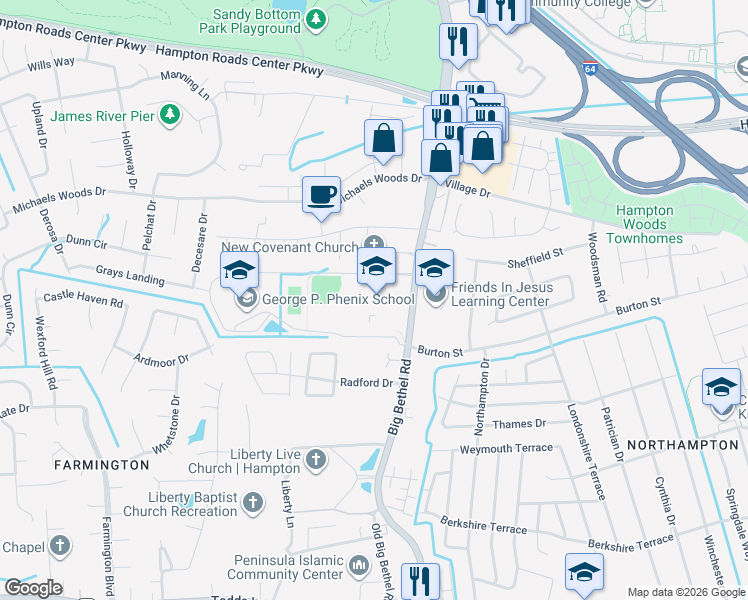 map of restaurants, bars, coffee shops, grocery stores, and more near 1067 Big Bethel Road in Hampton