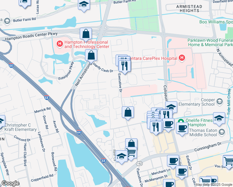 map of restaurants, bars, coffee shops, grocery stores, and more near 6001 Terrell Lane in Hampton