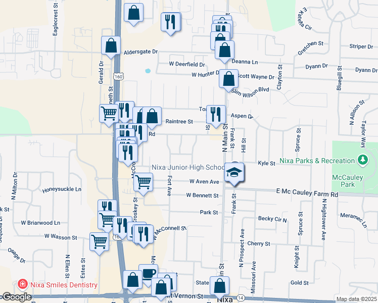map of restaurants, bars, coffee shops, grocery stores, and more near 704 Fairway in Nixa