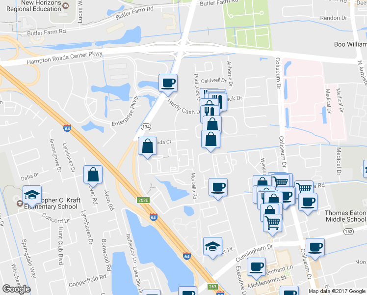 map of restaurants, bars, coffee shops, grocery stores, and more near 33 Pacific Drive in Hampton