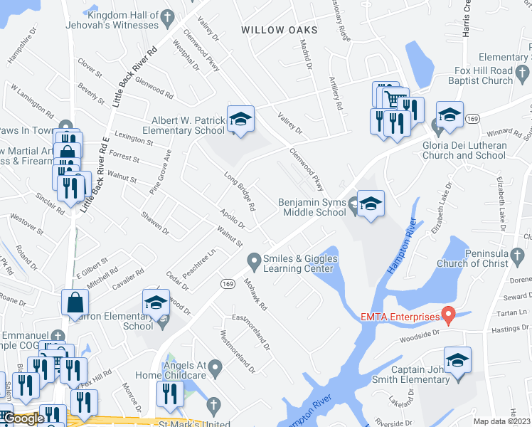 map of restaurants, bars, coffee shops, grocery stores, and more near 105 Quaker Road in Hampton