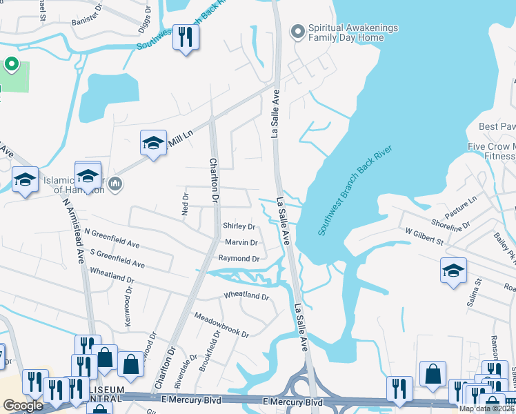 map of restaurants, bars, coffee shops, grocery stores, and more near 16 Overton Drive in Hampton