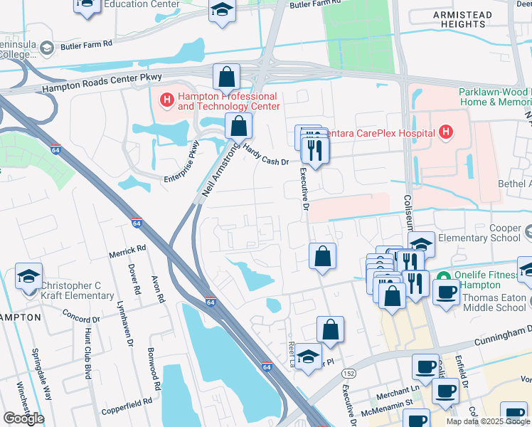 map of restaurants, bars, coffee shops, grocery stores, and more near 33 Pacific Drive in Hampton