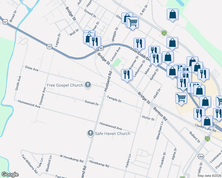 map of restaurants, bars, coffee shops, grocery stores, and more near 962 Husband Road in Paducah