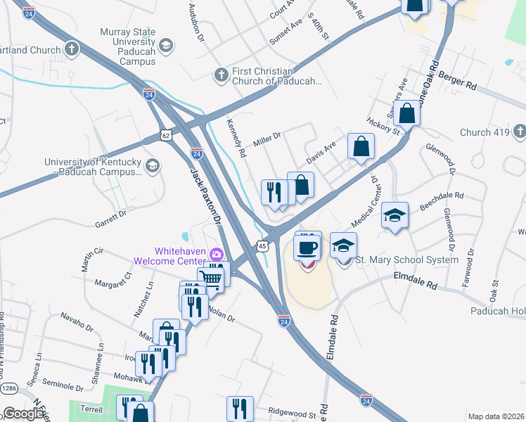 map of restaurants, bars, coffee shops, grocery stores, and more near 301-399 Kennedy Rd in Paducah