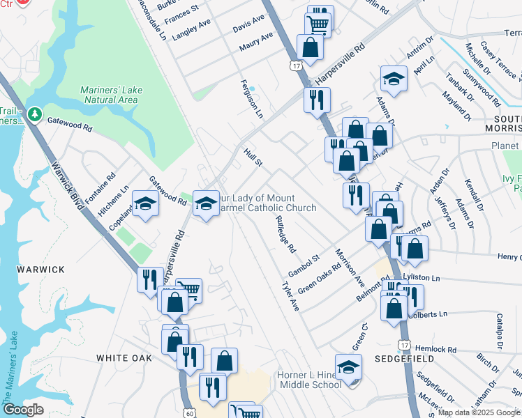 map of restaurants, bars, coffee shops, grocery stores, and more near 5 Rutledge Road in Newport News