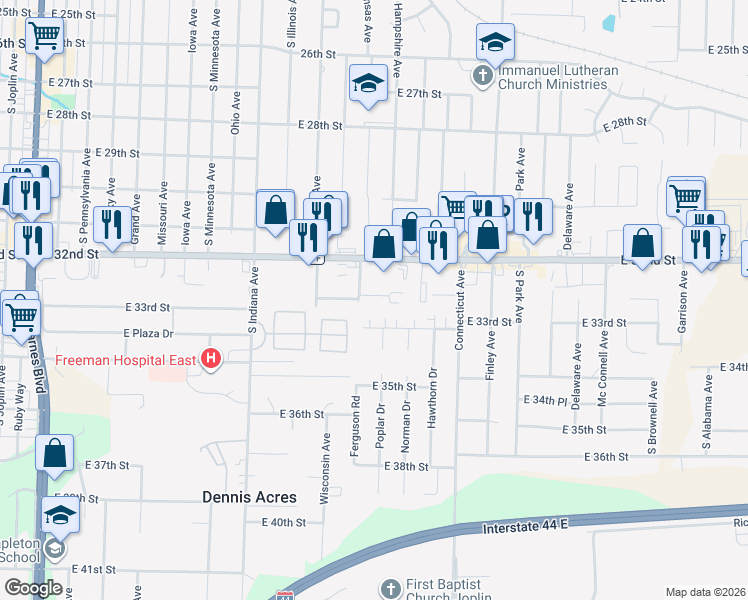 map of restaurants, bars, coffee shops, grocery stores, and more near 1307 East 33rd Street in Joplin