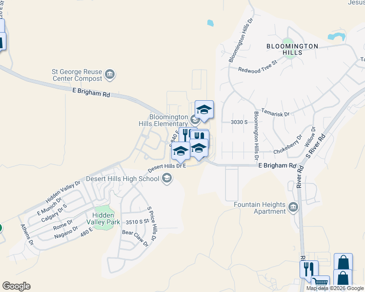 map of restaurants, bars, coffee shops, grocery stores, and more near 830-864 East Brigham Road in St. George
