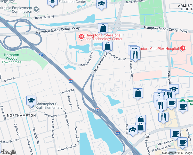 map of restaurants, bars, coffee shops, grocery stores, and more near 159 Cape Dorey Drive in Hampton