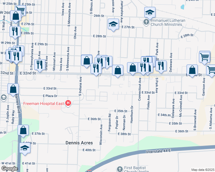 map of restaurants, bars, coffee shops, grocery stores, and more near East 33rd Street in Joplin