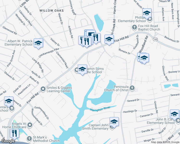 map of restaurants, bars, coffee shops, grocery stores, and more near 401 Dunham Massie Drive in Hampton