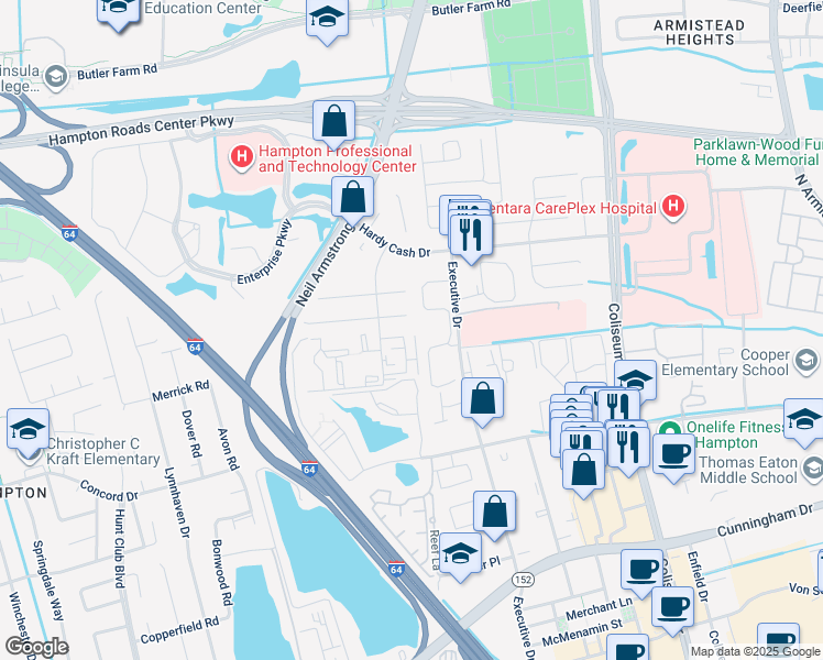 map of restaurants, bars, coffee shops, grocery stores, and more near 24 Pacific Drive in Hampton