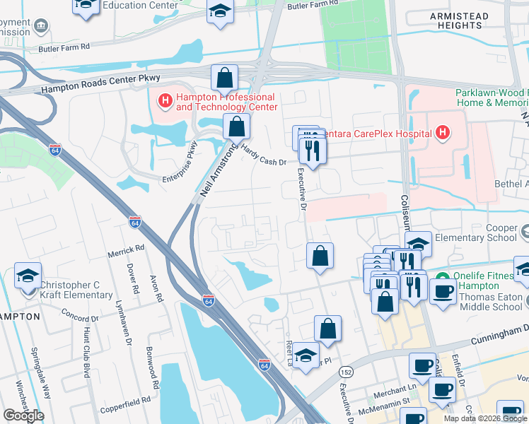 map of restaurants, bars, coffee shops, grocery stores, and more near 24 Pacific Drive in Hampton