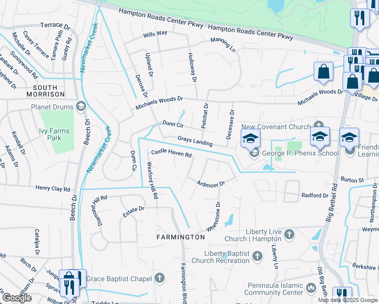 map of restaurants, bars, coffee shops, grocery stores, and more near 16 Castle Haven Road in Hampton