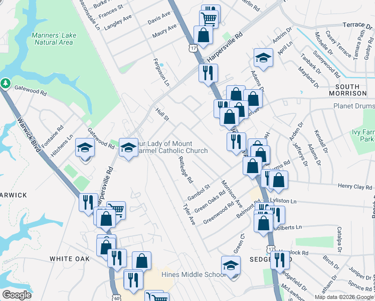 map of restaurants, bars, coffee shops, grocery stores, and more near 28 Morrison Avenue in Newport News