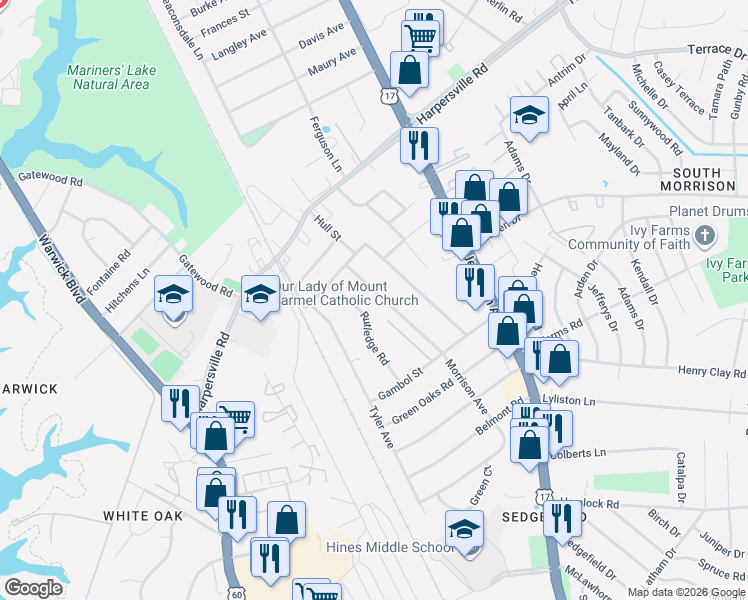 map of restaurants, bars, coffee shops, grocery stores, and more near 28 Morrison Avenue in Newport News