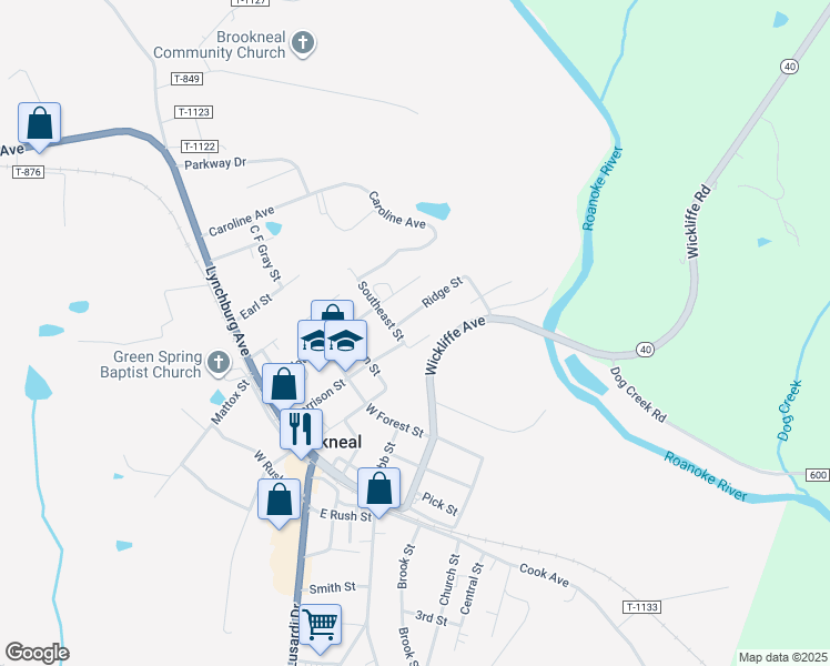 map of restaurants, bars, coffee shops, grocery stores, and more near 104 Daniel Street in Brookneal