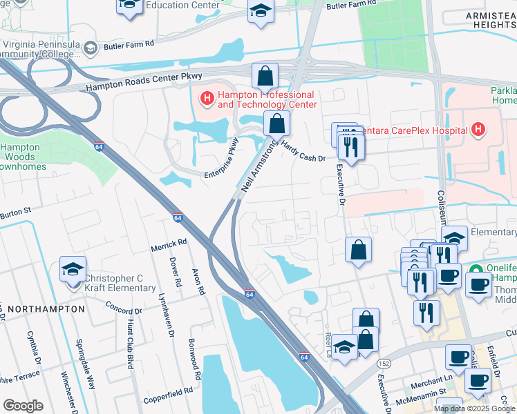 map of restaurants, bars, coffee shops, grocery stores, and more near 61 Lucinda Court in Hampton