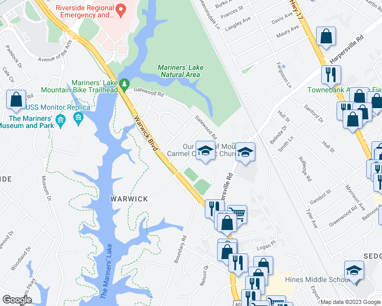 map of restaurants, bars, coffee shops, grocery stores, and more near 60 Copeland Lane in Newport News
