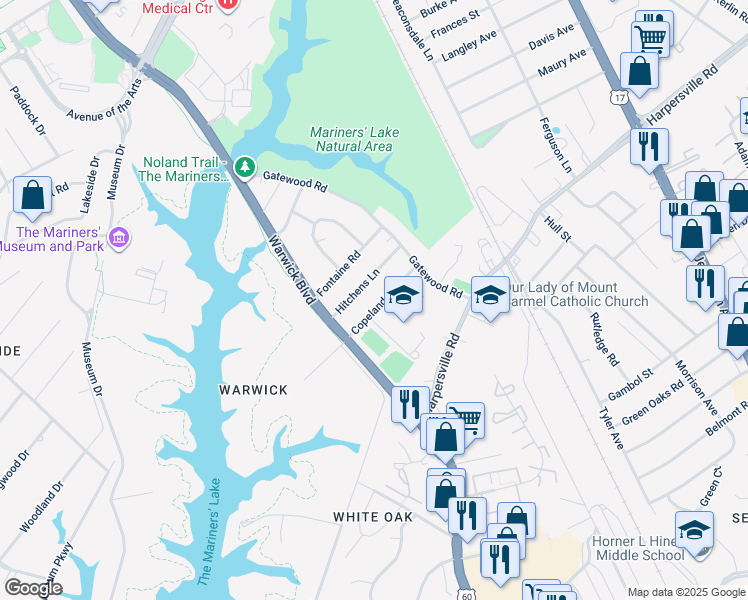 map of restaurants, bars, coffee shops, grocery stores, and more near 60 Copeland Lane in Newport News