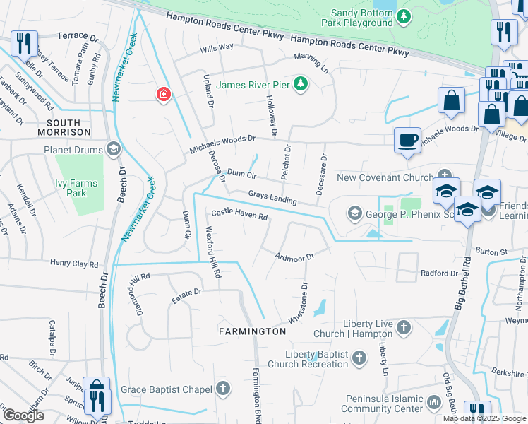 map of restaurants, bars, coffee shops, grocery stores, and more near 16 Castle Haven Road in Hampton
