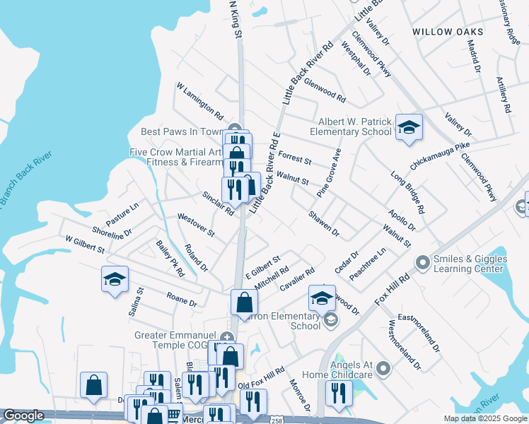 map of restaurants, bars, coffee shops, grocery stores, and more near 14 Riverchase Drive in Hampton