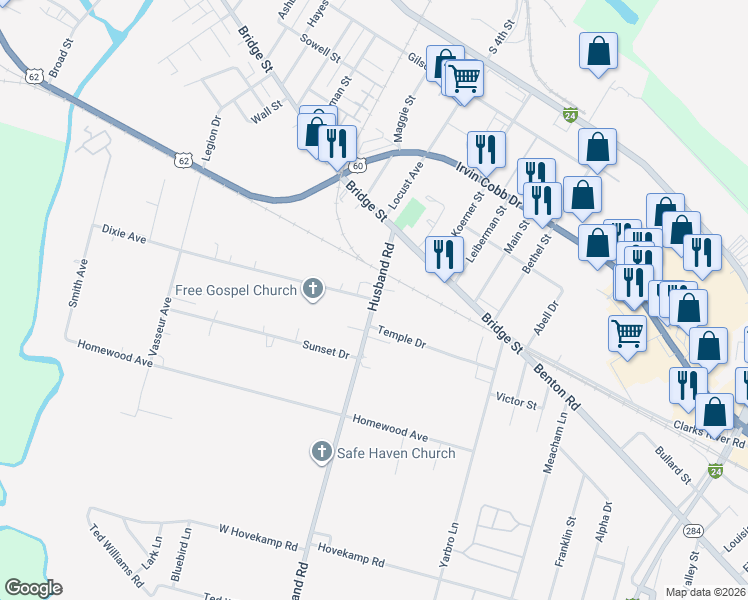 map of restaurants, bars, coffee shops, grocery stores, and more near 2299 Dixie Avenue in Paducah