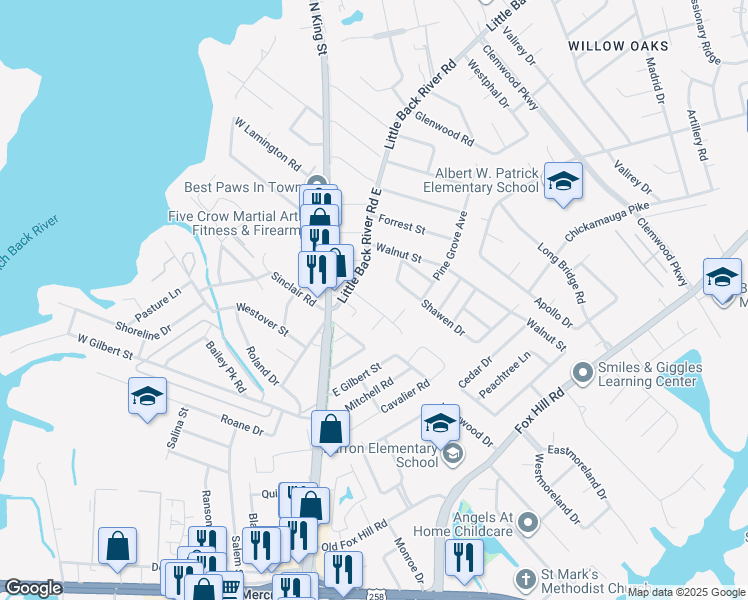 map of restaurants, bars, coffee shops, grocery stores, and more near 40 Riverchase Drive in Hampton