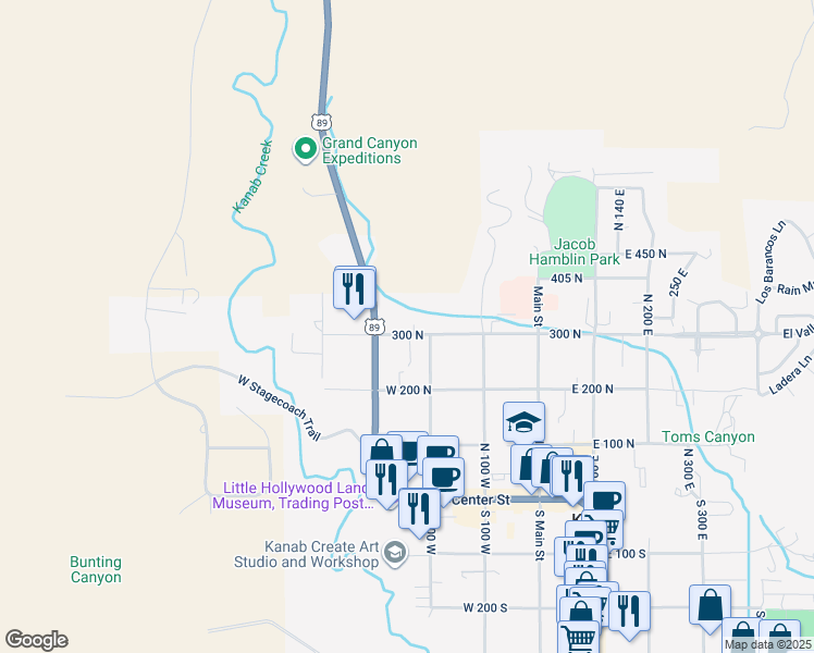 map of restaurants, bars, coffee shops, grocery stores, and more near 238 300 North in Kanab