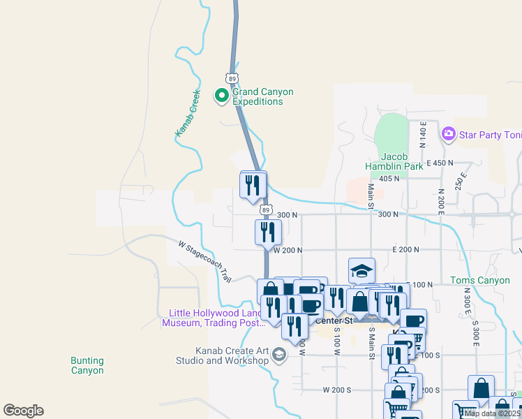 map of restaurants, bars, coffee shops, grocery stores, and more near 311 North 300 West in Kanab