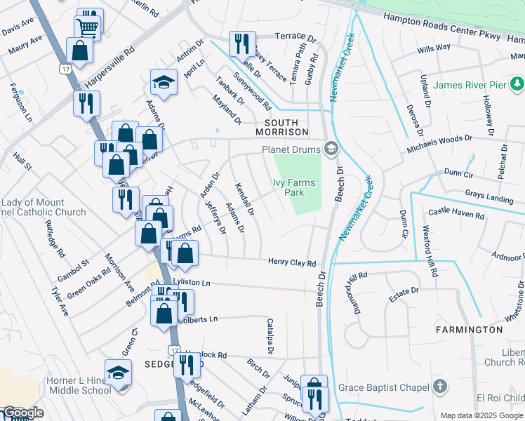 map of restaurants, bars, coffee shops, grocery stores, and more near 104 Basswood Drive in Newport News