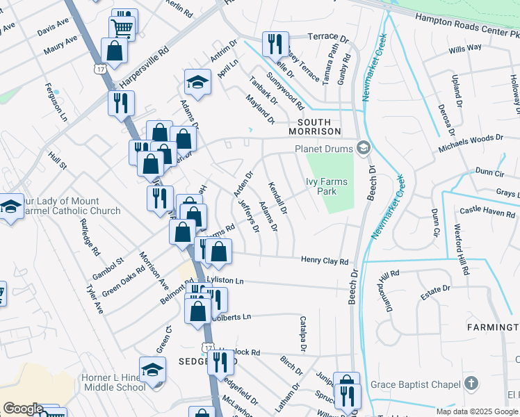map of restaurants, bars, coffee shops, grocery stores, and more near 117 Adams Drive in Newport News