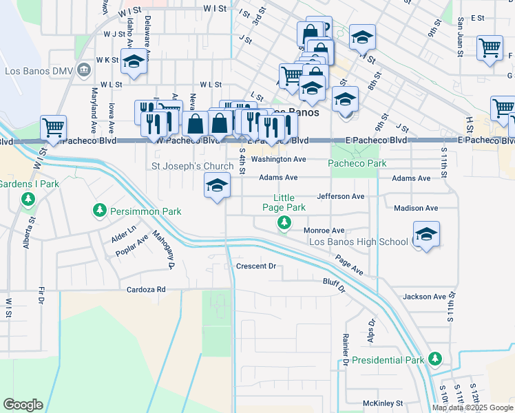 map of restaurants, bars, coffee shops, grocery stores, and more near 518 Madison Avenue in Los Banos