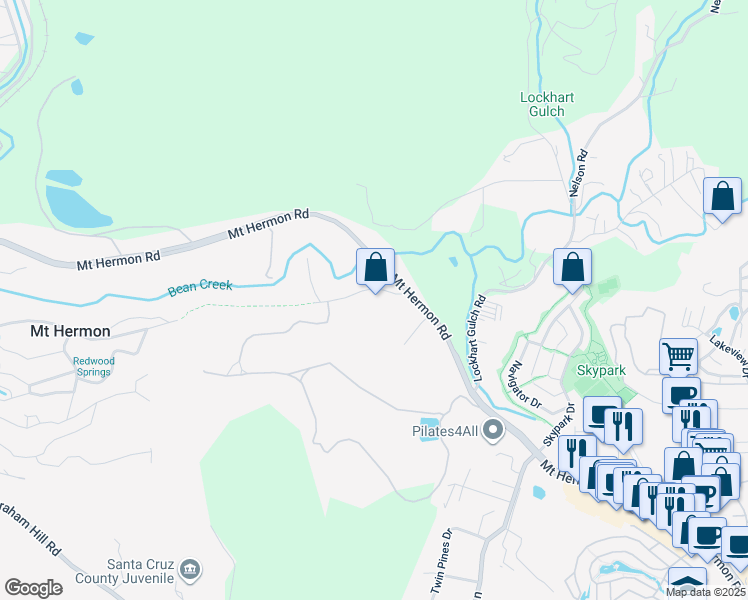 map of restaurants, bars, coffee shops, grocery stores, and more near 1290 Mount Hermon Road in Scotts Valley