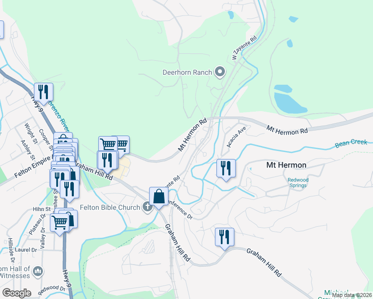 map of restaurants, bars, coffee shops, grocery stores, and more near 21 Highland Avenue in Felton