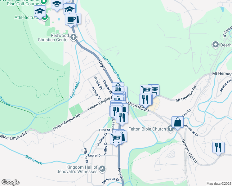 map of restaurants, bars, coffee shops, grocery stores, and more near 6299 Gushee Street in Felton