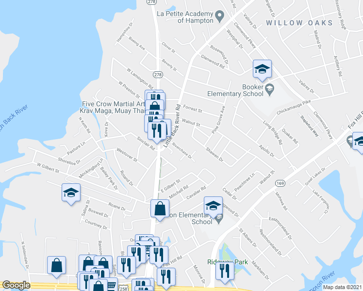 map of restaurants, bars, coffee shops, grocery stores, and more near 40 Riverchase Drive in Hampton