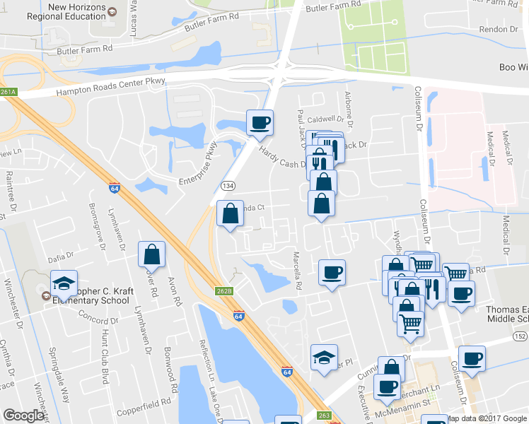 map of restaurants, bars, coffee shops, grocery stores, and more near 131 Haverford Court in Hampton