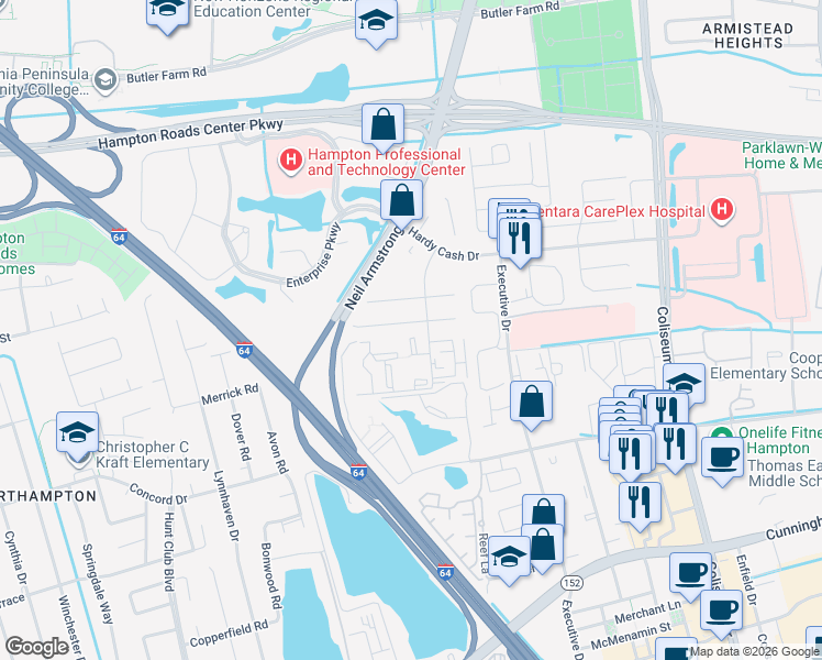 map of restaurants, bars, coffee shops, grocery stores, and more near 131 Haverford Court in Hampton
