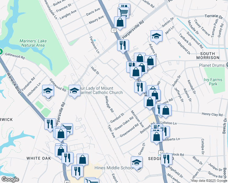 map of restaurants, bars, coffee shops, grocery stores, and more near 28 Morrison Avenue in Newport News