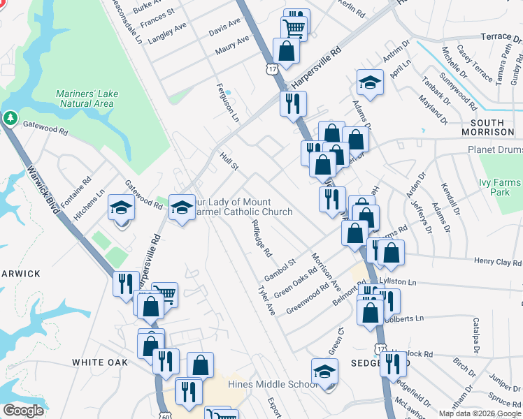 map of restaurants, bars, coffee shops, grocery stores, and more near 28 Morrison Avenue in Newport News