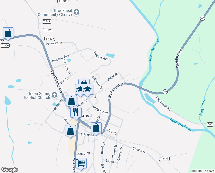 map of restaurants, bars, coffee shops, grocery stores, and more near 104 Daniel Street in Brookneal