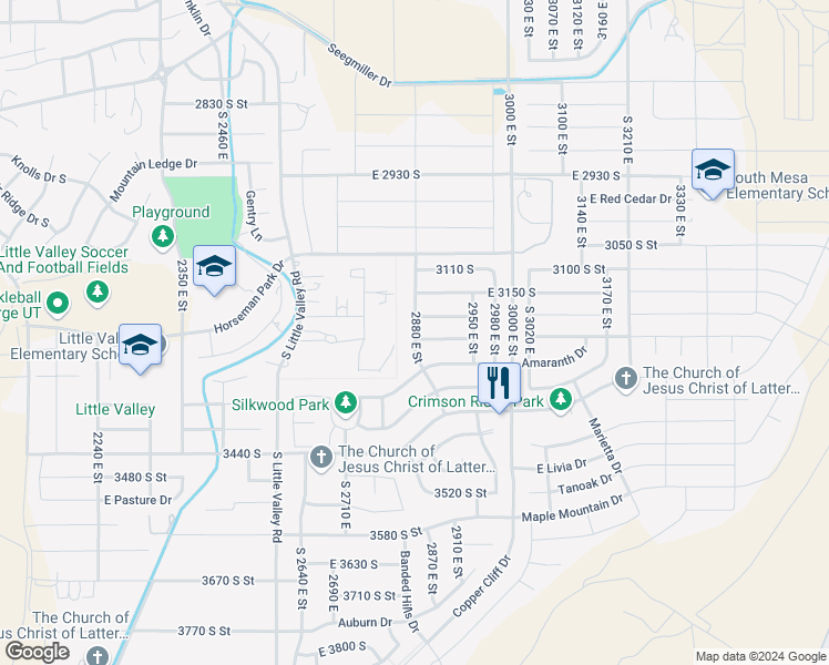 map of restaurants, bars, coffee shops, grocery stores, and more near 3246 2880 East Street in St. George