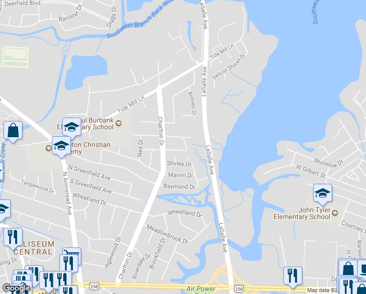 map of restaurants, bars, coffee shops, grocery stores, and more near 14 Bickfield Drive in Hampton
