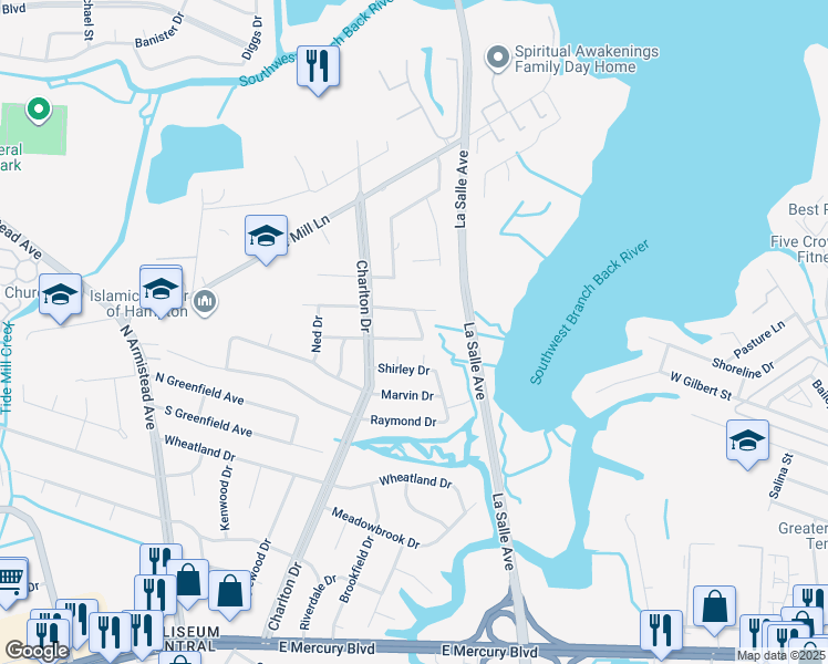 map of restaurants, bars, coffee shops, grocery stores, and more near 14 Bickfield Drive in Hampton