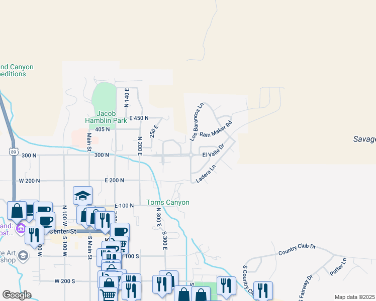 map of restaurants, bars, coffee shops, grocery stores, and more near 320 Los Barancos Lane in Kanab