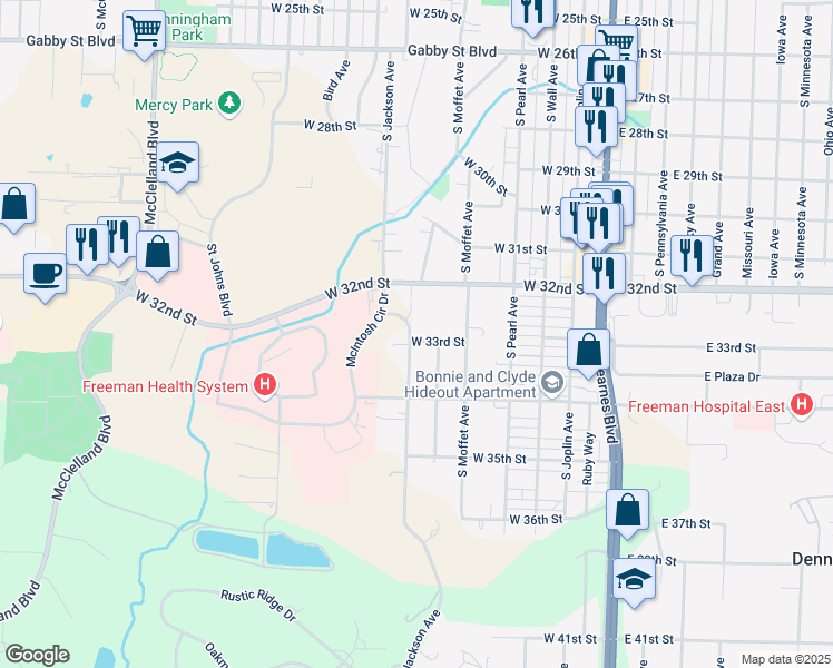 map of restaurants, bars, coffee shops, grocery stores, and more near 3306-3398 South Jackson Avenue in Joplin