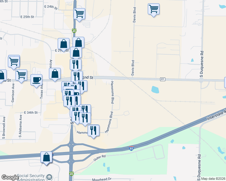 map of restaurants, bars, coffee shops, grocery stores, and more near 3311 Hammons Boulevard in Joplin